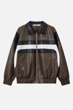 Concert Outfit Color Blocking Stripe Faux Leather Jacket