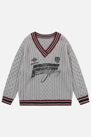 Concert Outfit Colorblock Lettering V-Neck Sweater