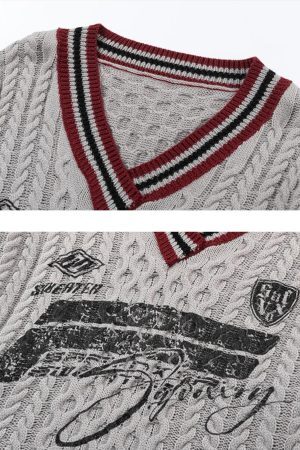 Concert Outfit Colorblock Lettering V-Neck Sweater