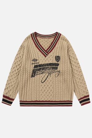 Concert Outfit Colorblock Lettering V-Neck Sweater