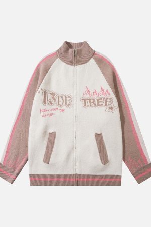 Concert Outfit Contrast Color Jacquard Mock Neck Zipper Sweater