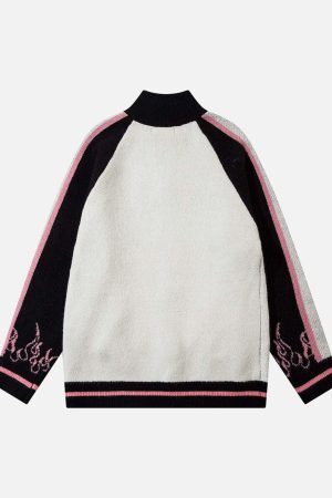 Concert Outfit Contrast Color Jacquard Mock Neck Zipper Sweater