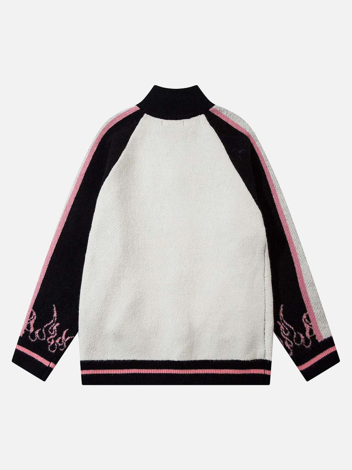 Concert Outfit Contrast Color Jacquard Mock Neck Zipper Sweater Concert Outfit Contrast Color Jacquard Mock Neck Zipper Sweater