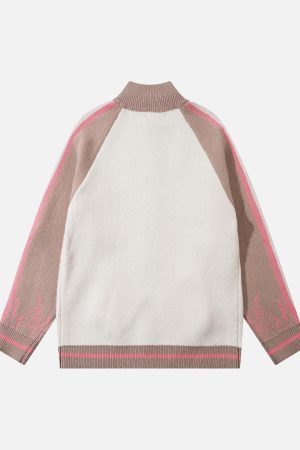 Concert Outfit Contrast Color Jacquard Mock Neck Zipper Sweater