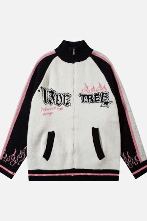 Concert Outfit Contrast Color Jacquard Mock Neck Zipper Sweater