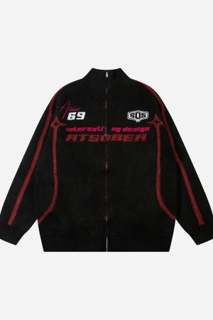 Concert Outfit Contrast Color Racing Zip-Up Cardigan