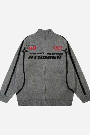 Concert Outfit Contrast Color Racing Zip-Up Cardigan
