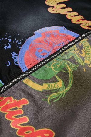 Concert Outfit Contrast Color Spliced Graffiti Zip Up Jacket