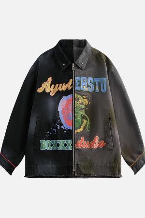 Concert Outfit Contrast Color Spliced Graffiti Zip Up Jacket