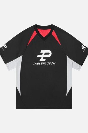 Concert Outfit Contrast Color Sporty V-Neck Jersey T-Shirt