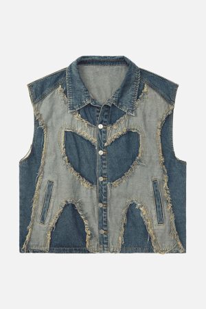 Concert Outfit Contrast Denim Heart Stitching Street Rap Vest