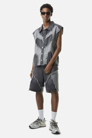Concert Outfit Contrast Denim Heart Stitching Street Rap Vest