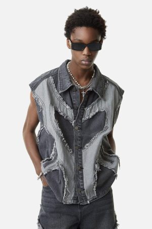 Concert Outfit Contrast Denim Heart Stitching Street Rap Vest