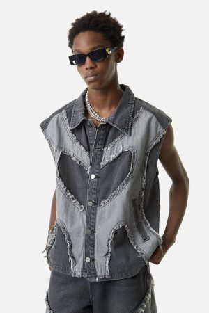 Concert Outfit Contrast Denim Heart Stitching Street Rap Vest