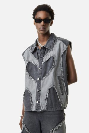 Concert Outfit Contrast Denim Heart Stitching Street Rap Vest