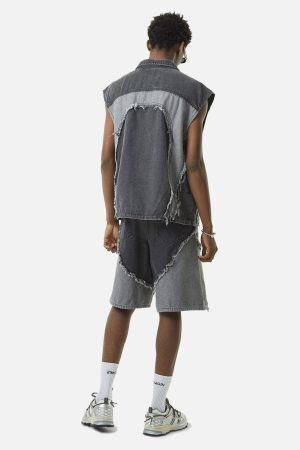 Concert Outfit Contrast Denim Heart Stitching Street Rap Vest