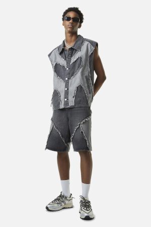 Concert Outfit Contrast Denim Heart Stitching Street Rap Vest