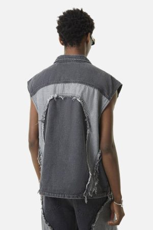 Concert Outfit Contrast Denim Heart Stitching Street Rap Vest