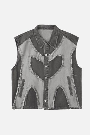 Concert Outfit Contrast Denim Heart Stitching Street Rap Vest