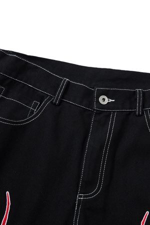 Concert Outfit Contrast Flame Embroidered Baggy Jeans