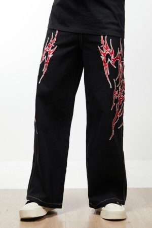 Concert Outfit Contrast Flame Embroidered Baggy Jeans