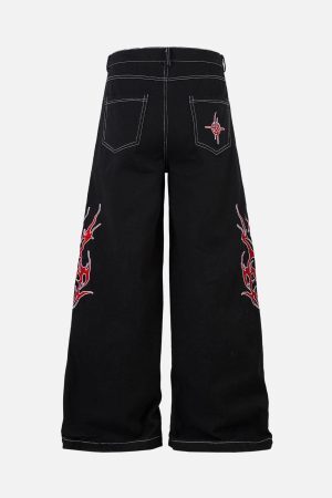 Concert Outfit Contrast Flame Embroidered Baggy Jeans