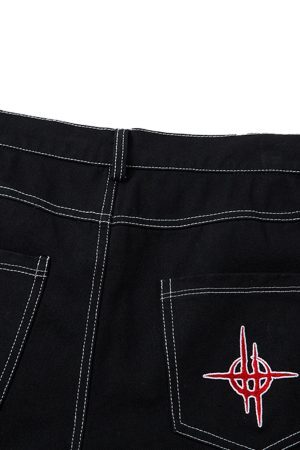 Concert Outfit Contrast Flame Embroidered Baggy Jeans