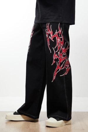 Concert Outfit Contrast Flame Embroidered Baggy Jeans