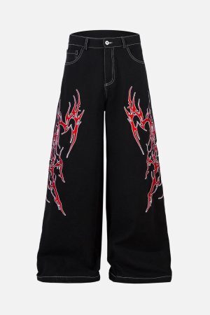 Concert Outfit Contrast Flame Embroidered Baggy Jeans