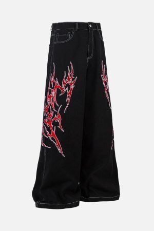 Concert Outfit Contrast Flame Embroidered Baggy Jeans