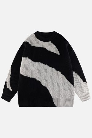 Concert Outfit Contrast Irregular Design Knit Sweater