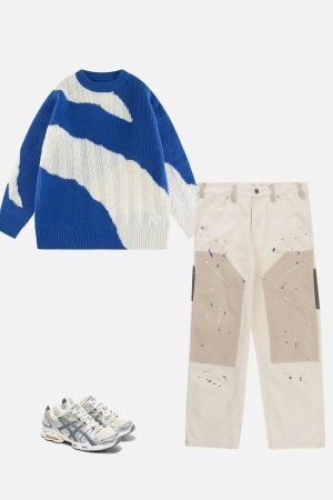 Concert Outfit Contrast Irregular Design Knit Sweater