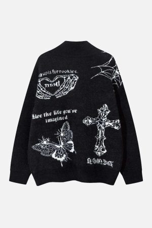 Concert Outfit Cross Heart Butterfly Jacquard Cardigan