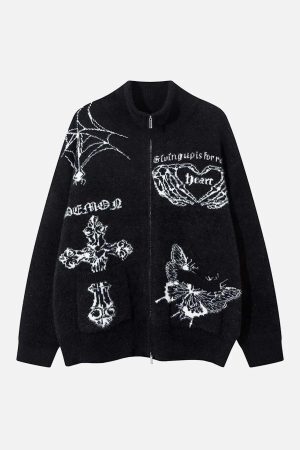 Concert Outfit Cross Heart Butterfly Jacquard Cardigan