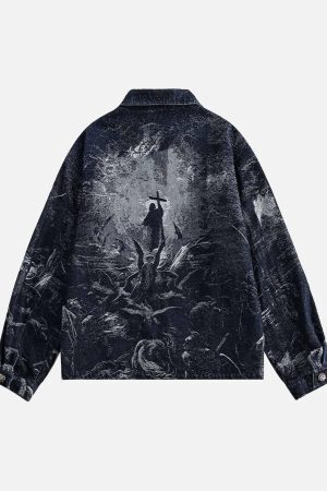 Concert Outfit Cross Jacquard Zip Up Denim Jacket