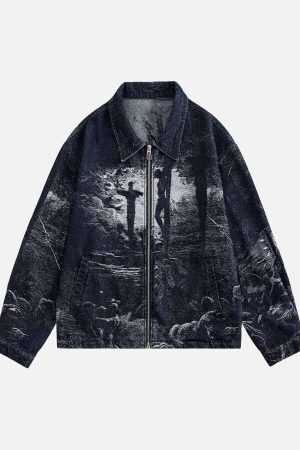 Concert Outfit Cross Jacquard Zip Up Denim Jacket