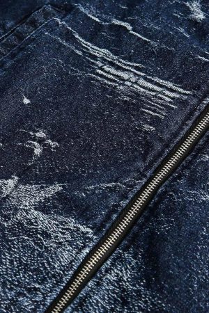 Concert Outfit Cross Jacquard Zip Up Denim Jacket