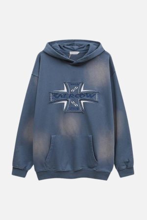 Concert Outfit Cross Lettering Embroidery Washed Hoodie