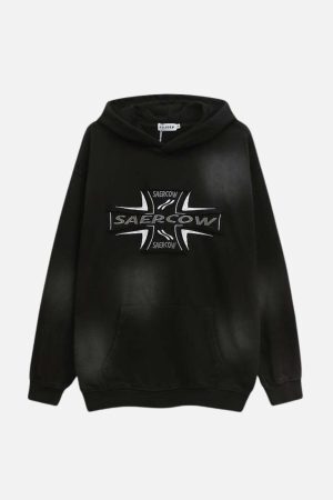 Concert Outfit Cross Lettering Embroidery Washed Hoodie