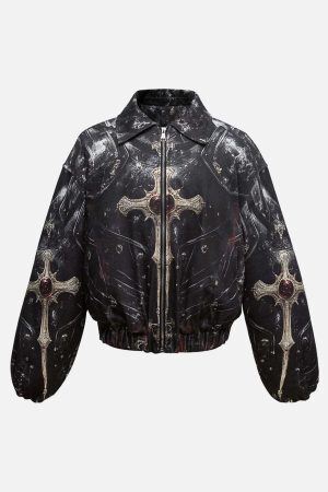 Concert Outfit Cross Printed Zip Up Quilted Bomber Jacket