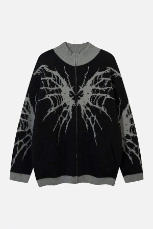 Concert Outfit Dark Spider Web Zipper Stand Collar Cardigan