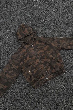 Concert Outfit Deconstructed Camouflage Workwear Cardigan Hooded Jacket