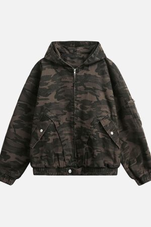 Concert Outfit Deconstructed Camouflage Workwear Cardigan Hooded Jacket