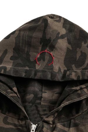 Concert Outfit Deconstructed Camouflage Workwear Cardigan Hooded Jacket