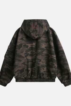 Concert Outfit Deconstructed Camouflage Workwear Cardigan Hooded Jacket