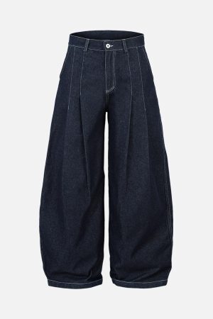 Concert Outfit Deconstructed Contrast Stitching Pleated Baggy Barrel Jeans