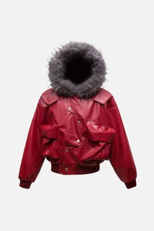Concert Outfit Deconstructed Multi Pocket Fur Hooded PU Leather Jacket