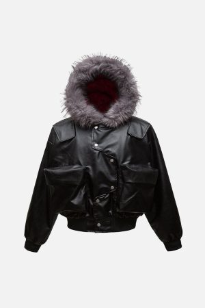 Concert Outfit Deconstructed Multi Pocket Fur Hooded PU Leather Jacket