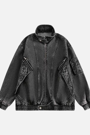 Concert Outfit Deconstructed Stand Collar Denim Jacket