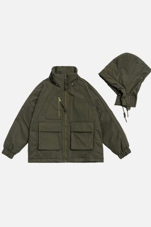 Concert Outfit Detachable Hat Patchwork Winter Coat